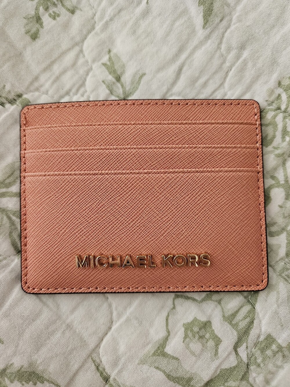 Michael Kors Coral-Peach Leather Card Holder with Gold Logo